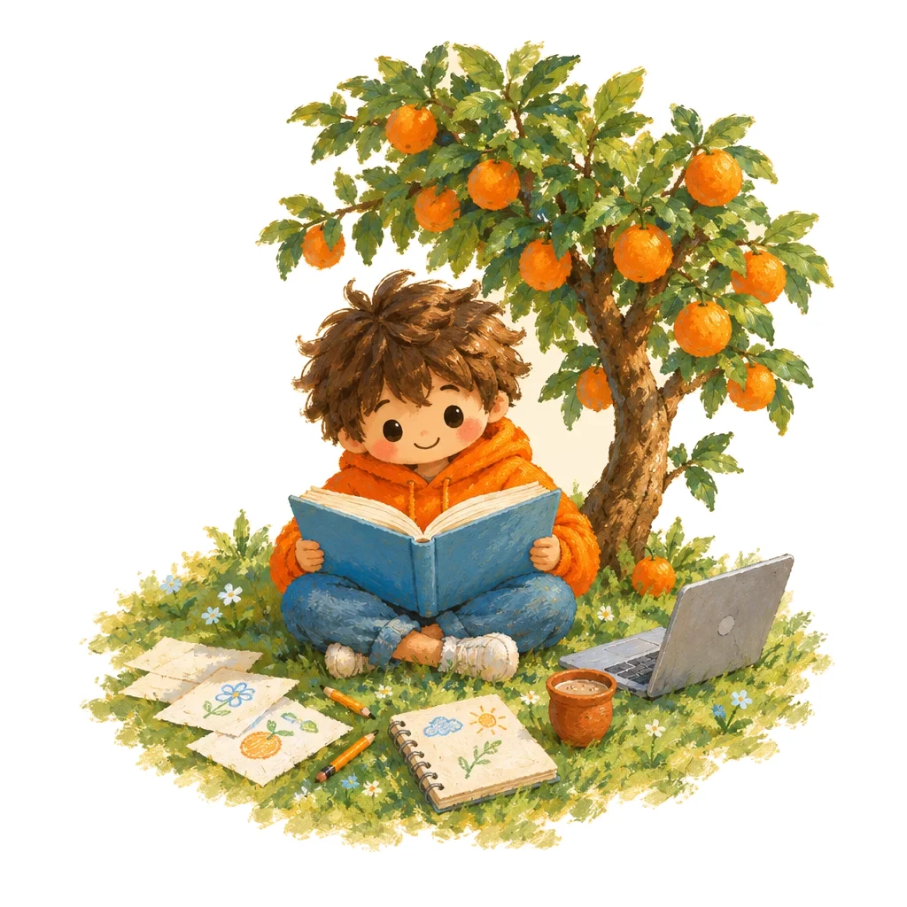 A kid in an orange hoodie reads a book under an orange tree, with sketches, a laptop and a cup of chai on the grass.