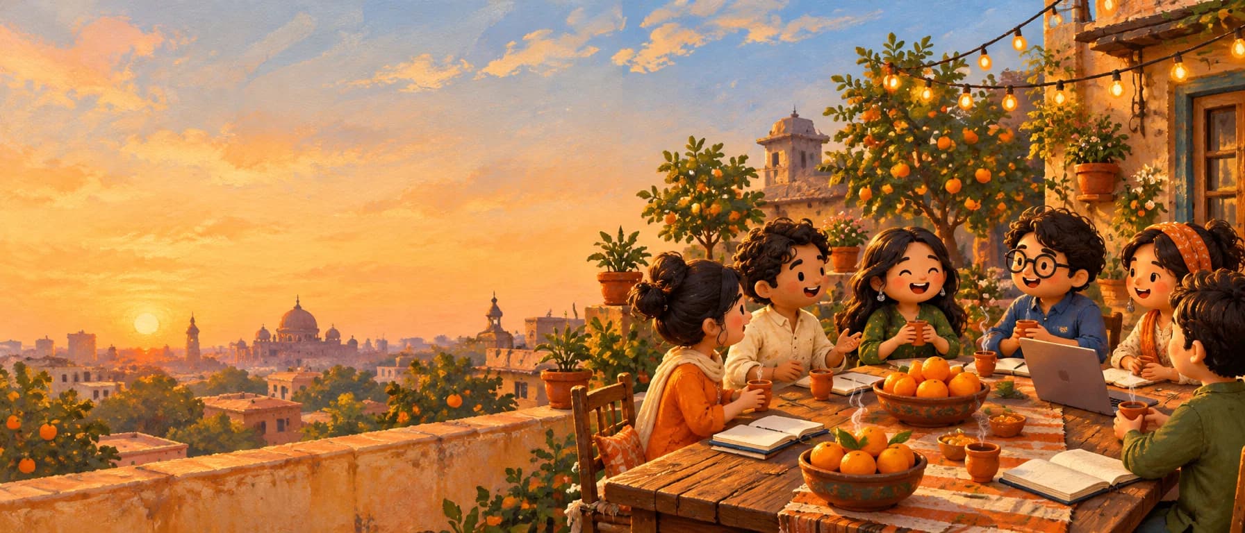 Painting: friends laughing around a rooftop table at sunset, with chai, notebooks and bowls of oranges.